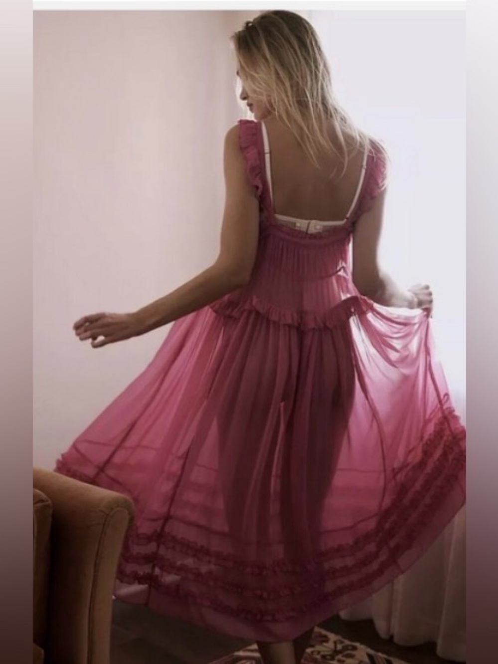 Intimately Free People Moon Phase Midi Nightgown Dress Pink Ruffle - Picture 3 of 6